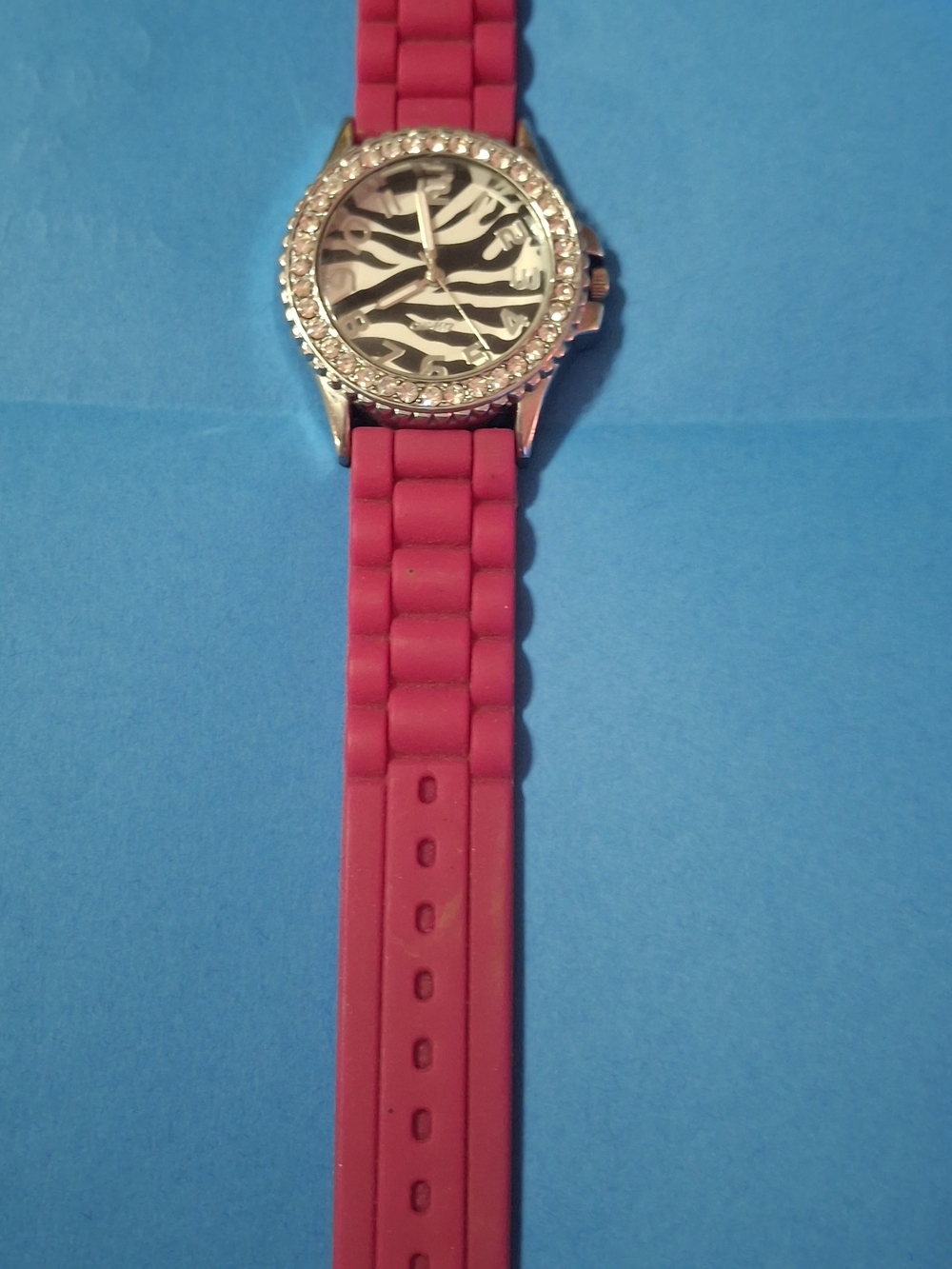 Source Unknown Pink Silicone Strap Zebra Dial Watch with Crystal Bezel